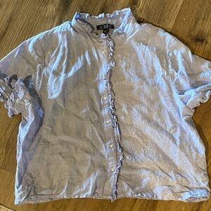 J crew L large linen ruffle button front shirt top light blue chambray
